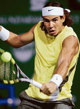 Spain�s Rafael Nadal in action against his Italian opponent Davide Sanguinetti during their quarterfinal in the Chennai Open on Friday.  Nadal won 6-3, 6-2. 