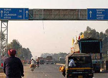 A signboard on the National Highway-21 near Balongi, Kharar, from where a hoarding carrying photographs of the Chief Minister Amarinder Singh and other Congress leaders was removed by the district administration on Monday.