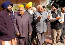 Leaders of the SAD-BJP combine come out of Punjab Bhavan after meeting a team of the Election Commission of India in Chandigarh on Monday.