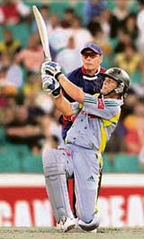 Australia�s Adam Gilchrist hits a six against England during their Twenty20 match in Sydney