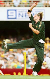 Nathan Bracken of Australia in action during a triseries one-day match against England in Brisbane