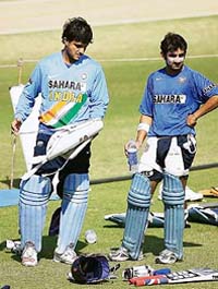 Sourav Ganguly (left) and Gautam Gambhir after a practice session at the Vidarbha Cricket Association Stadium in Nagpur