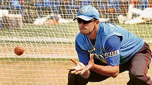 Rahul Dravid gets ready to take a catch during a practice session at the Barabati Stadium in Cuttack on Tuesday. The second ODI between India and the West Indies will be played on Wednesday.