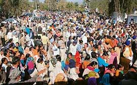 SAD-BJP supporters outside the office of the Returning Officer at Anandpur Sahib on Thursday.