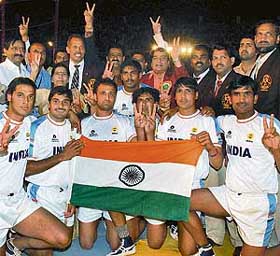 Members of the Indian kabaddi team rejoice after winning the 2nd World Cup at Karnala Sports Academy, Raigarh, on Friday night. Defending champions India beat Iran 29-19 in the final of the 16-nation tournament.