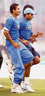 Irfan Pathan (left) and Robin Uthappa take part in a practice session in Vadodara on Monday. The fourth one-dayer between India and the West Indies will be held on Wednesday. 