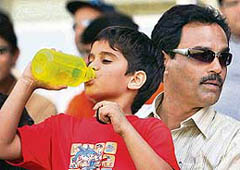 Dilip Vengsarkar, Chairman of the BCCI Selection Committee, with Arjun, son of Sachin Tendulkar, on the third day of the Ranji Trophy final between Mumbai and Bengal at the Wankhede Stadium in Mumbai on Sunday. 