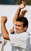 Mumbai�s Zaheer Khan celebrates on completing a four- wicket haul on the fourth day of the Ranji final on Monday