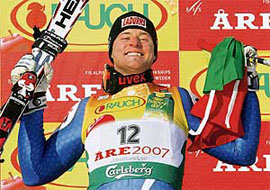 Patrick Staudacher of Italy celebrates on the podium after winning the gold medal in the men�s super-G event at the Alpine Skiing World Championships in Are, Sweden