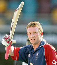 Paul Collingwood of England celebrates after scoring a century against New Zealand