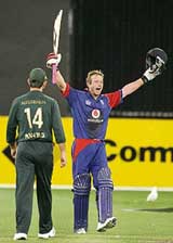 England�s Paul Collingwood celebrates on hitting the winning run as Australian captain Ricky Ponting looks on during the first tri-series final at the Melbourne Cricket Ground