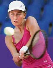Italy�s Mara Santangelo plays a shot against China�s Shengnan Sun during the first round match of the WTA Bangalore Open on Wednesday.  Santangelo won 6-2, 7-6. 