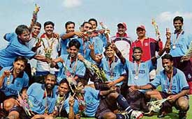 Services team celebrates after winning the gold medal in hockey during the 33rd National Games in Guwahati on Sunday. Services beat Punjab 2-1 in the final