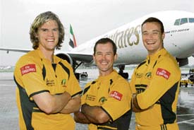 Australian cricketers Nathan Bracken (left), Ricky Ponting (centre) and Stuart Clark in the new Australian World Cup squad�s team uniform in Sydney on Sunday. 