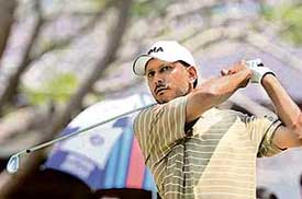 Jeev Milkha Singh tees off on the first hole on day three of the Johnnie Walker 