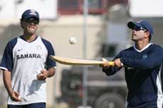 Sachin Tendulkar and Sourav Ganguly during a training session in Montego Bay on Sunday.