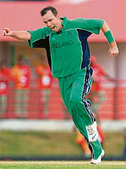 Trent Johnston of Ireland celebrates after taking the wicket of Ashwell Prince of South Africa during a warm-up match in Port of Spain 