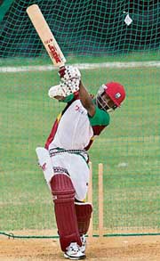 West Indies captain Brian Lara plays a shot during a practice session in Montego Bay on Wednesday. The West Indies face India in a World Cup warm-up match in Trelawny on Friday. 