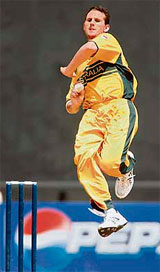 Australia�s Shaun Tait bowls against England during their World Cup warm-up match at Arnos Vale in Kingstown