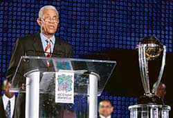 West Indies cricket legend Sir Garfield Sobers addresses the gathering during the opening ceremony of the ICC World Cup at the Trelawny Stadium, Jamaica, on Sunday. 