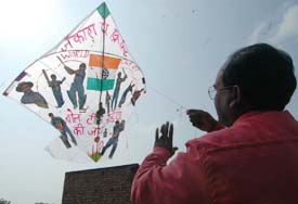 Kite-maker Jagmohan Kanojia flies his creation. 
