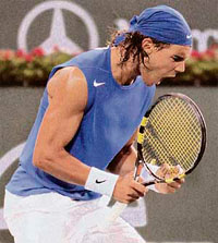 Spain�s Rafael Nadal celebrates after breaking the serve of compatriot Fernando Verdasco during their third-round match at the Pacific Life Open tennis tournament in Indian Wells, California