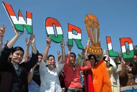 World Cup mania: Students of a private college send best wishes to the Indian cricket team for the World Cup 2007