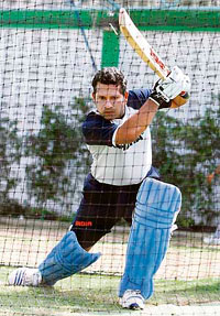 Sachin Tendulkar in action during a practice session at the Queen�s Park Oval in Port of Spain 