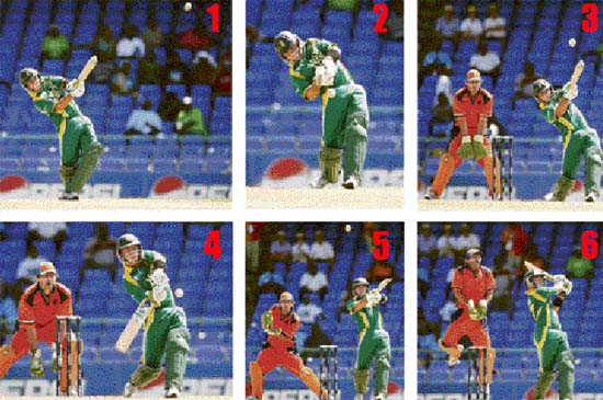 SUPER SIX: This combination image shows how South Africa�s Herschelle Gibbs hits six sixes off an over from Netherlands� Daan van Bunge as wicketkeeper Jeroen Smits looks on during their World Cup match in Basseterre