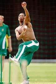 South Africa�s Makhaya Ntini bowls during a practice session in St Kitts on Sunday. 