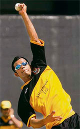 Bangladesh�s Abdur Razzak bowls during a training session at the Queen�s Park Oval in Port of Spain 