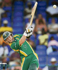 South Africa�s AB de Villiers plays a drive during a World Cup Group A match against Scotland in St. Kitts 