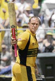 Australia�s Matthew Hayden acknowledges the crowd after being dismissed for 101 during the Group A match against South Africa in Basseterre on Saturday. Hayden�s hundred came off 66 deliveries, the fastest in World Cup history. 