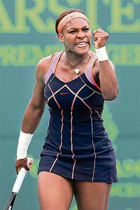 Serena Williams reacts during her match against Maria Sharapova of Russia at the Sony Ericsson Open in Miami.