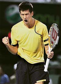 Novak Djokovic of Serbia reacts against Rafael Nadal of Spain during the 2007 Sony Ericsson Open in Miami