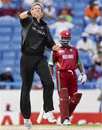 New Zealand�s Jacob Oram celebrates after dismissing West Indies� Chris Gayle during their World Cup Super Eight match in St. Johns