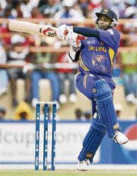Sri Lanka�s Sanath Jayasuriya plays a shot against The West Indies during their Super Eight match in Georgetown on Sunday.