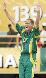 South Africa�s Shaun Pollock successfully appeals for lbw against Ireland�s Jeremy Bray during their Super Eight match in Georgetown.