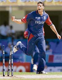 England�s Sajid Mahmood celebrates after taking the wicket of Sri Lanka�s Sanath Jayasuriya during their World Cup Super Eight match in St John�s