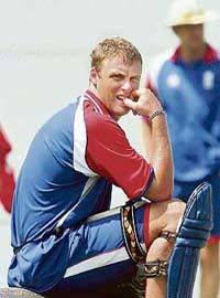 England�s Andrew Flintoff in a pensive mood during a practice session in St John�s