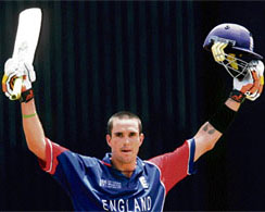 England�s Kevin Pietersen celebrates after completing his century during the Super Eight match against Australia at the Sir Vivian Richards Stadium in St John�s on Sunday.