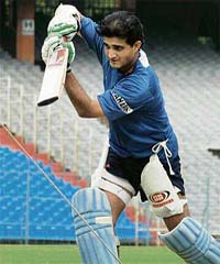 Sourav Ganguly bats during a practice session at the Eden Gardens in Kolkata