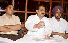 President of the Punjab Pradesh Youth Congress Vijay Inder Singla addresses a press conference in Patiala on Friday
