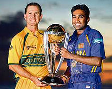 Australian captain Ricky Ponting and his Sri Lankan counterpart Mahela Jayawardene pose with the World Cup trophy at the Needham�s Point beach in Bridgetown.