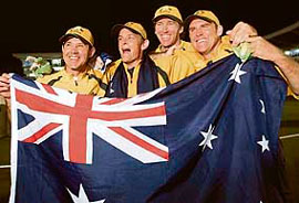 Australian players (from left) captain Ricky Ponting, Adam Gilchrist, Glenn McGrath and Matthew Hayden celebrate their World Cup victory over Sri Lanka in Bridgetown.