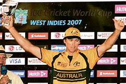 Australia�s Glenn McGrath holds the trophy on being declared the player of the tournament at the end of the World Cup in Bridgetown.