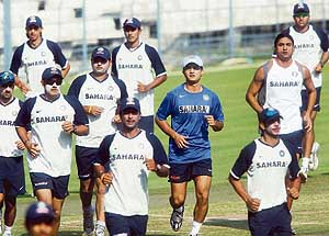 Team India probables jog at the Eden Gardens in Kolkata on Wednesday during the first day of a five-day conditioning camp ahead of the Bangladesh tour.
