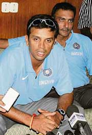 Rahul Dravid speaks during a news conference after the arrival of the Indian cricket team in Dhaka on Monday.