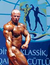 Russian Pavel Kirilenko performs during the European Bodybuilding championship in Baku on Sunday. Pavel Kirilenko became the overall champion of Europe in over 100 kg weight category. 
