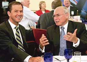 Australian captain Ricky Ponting with Prime Minister John Howard (right) at the Sydney Cricket Ground Members� Dining Room on May 3